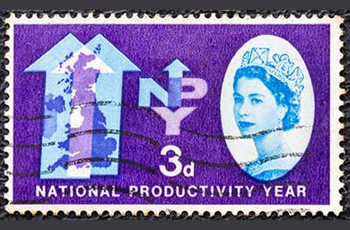 A purple stamp from the 1962 National Productivity Year featuring the event's logo and Queen Elizabeth II